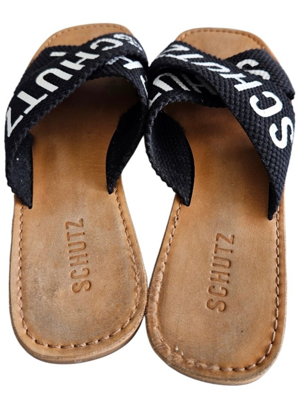 SCHUTZ Black and White Crossband Logo Slide Sandals - Picture 2 of 6